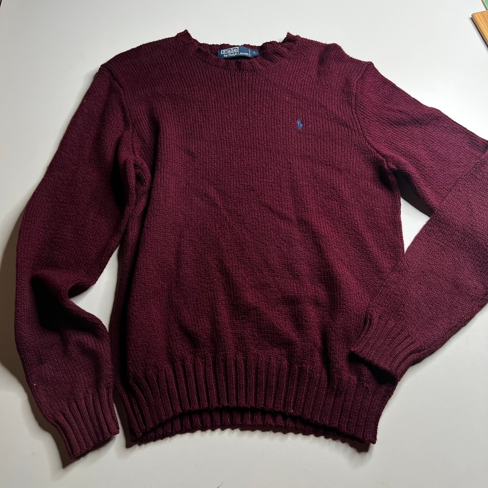 Polo Ralph Lauren‎ Mens Large Burgundy Maroon 100% Cotton Crewneck Knit Sweater